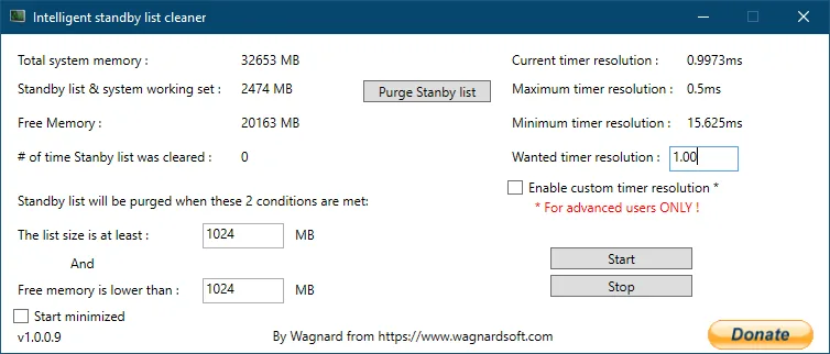 Intelligent Standby List Cleaner interface showing memory and timer controls