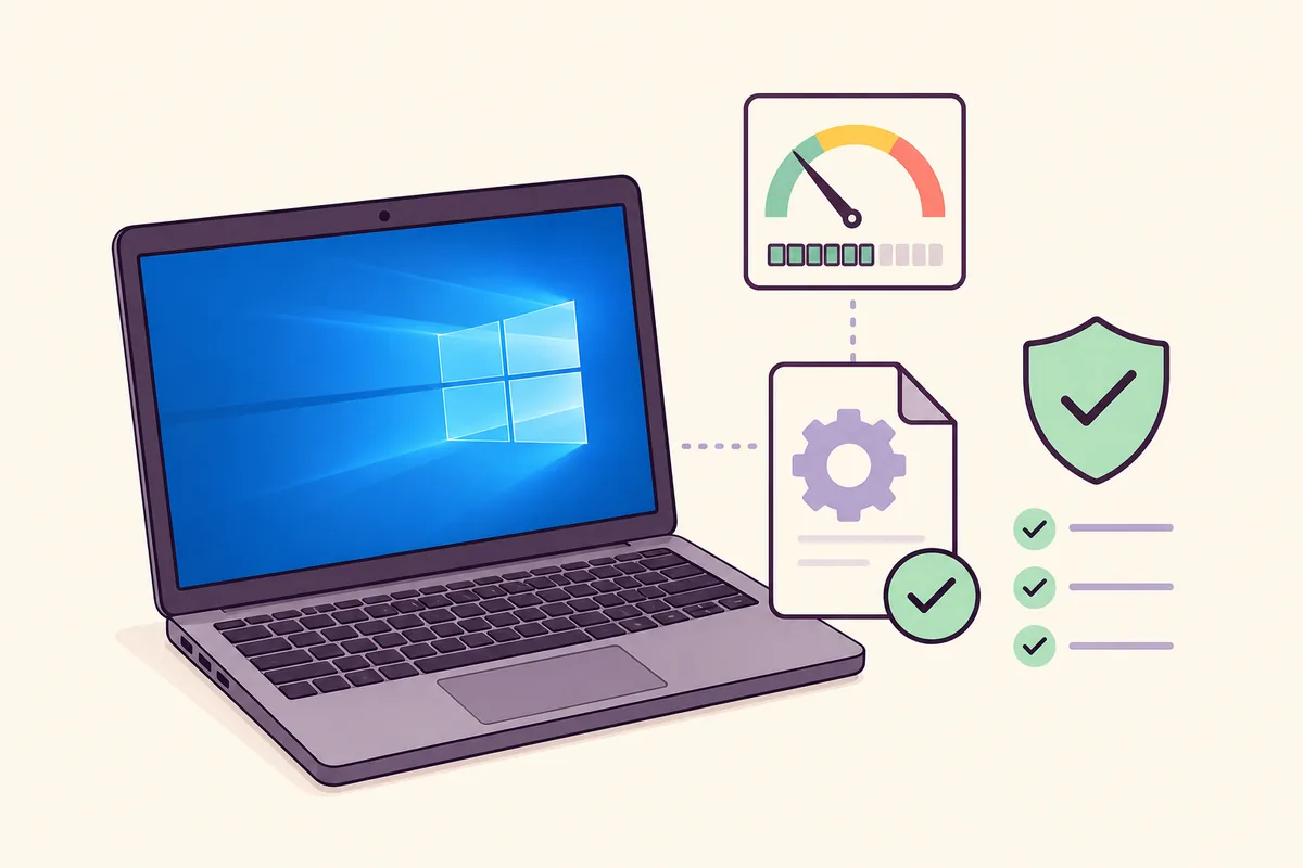 Ilustración editorial de un portátil con Windows 10, un indicador de memoria y un archivo de utilidad verificado